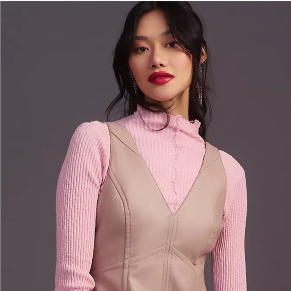 Maeve Beige V-Neck Faux Leather Midi Dress - Picture 3 of 8